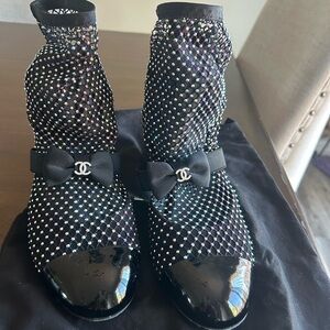 CHANEL Black/Crystals Ankle Boots with Bow Detail